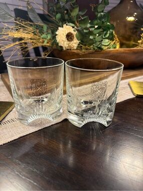 2 Chivas Regal Emblem Scotch Whisky Rocks Glasses w/Gold Logo & Cut Away Base